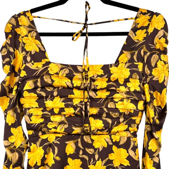 Floret Studios Floral Long Sleeve Ruched Square Neck Dress Yellow Brown XS NWOT - Picture 2 of 15